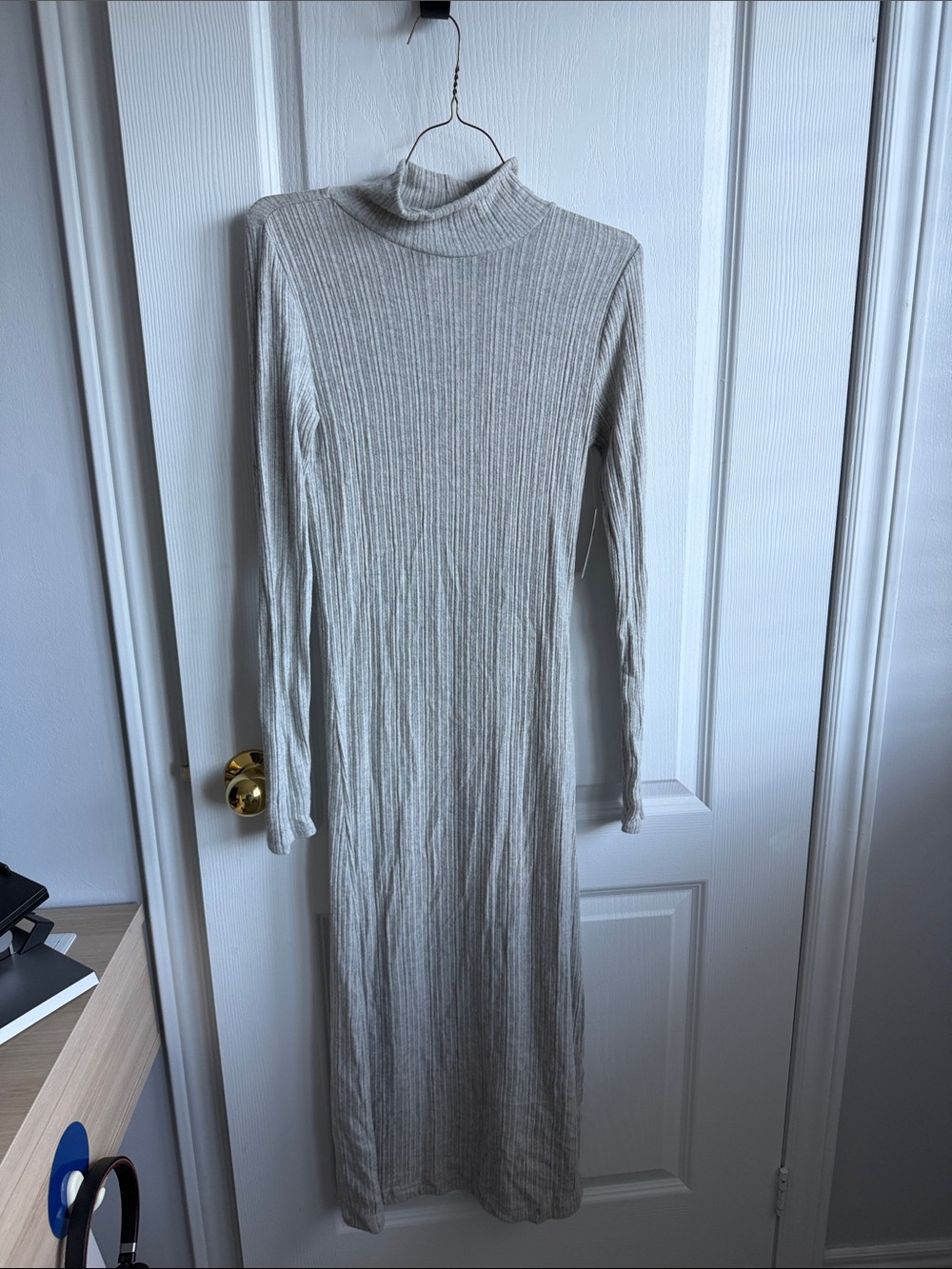 Long Sleeve Ribbed Turtleneck Dress - Cream